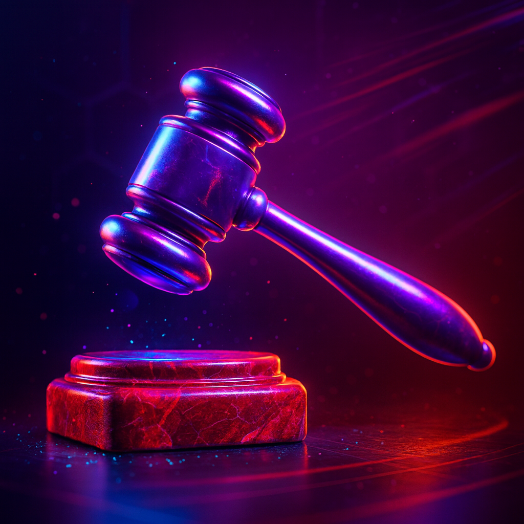 Judge gavel in neon lighting for The Arena DTD